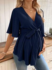 SHEIN V领荷叶边孕妇上衣（配腰带） - 藏蓝色 - 查看 4