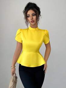 Elenzga 女式夏季露背蝴蝶结花卉装饰短袖时尚衬衫 - 黃色 - 查看 7