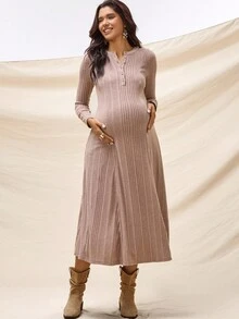 SHEIN فستان أمومة كاجوال بأكمام طويلة وأزرار - كاكي - مشاهدة 8