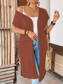 EMERY ROSE Halloween Plus Size Women Sleeveless Hollow Out Long Cardigan, Lightweight, Suitable For Vacation, Commute, St. Patrick's Day, Spring/Summer - Redwood - View 3
