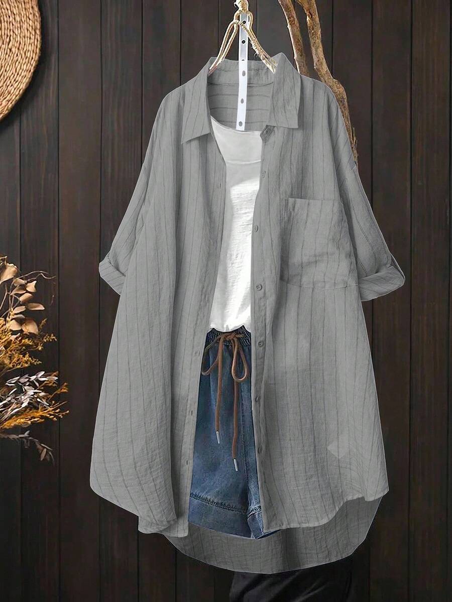SHEIN LUNE 大码休闲宽松条纹衬衫 - 灰色 - 查看 1