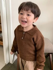 DAZY Toddler Boys' Casual Solid Color Turndown Collar Long Sleeve Sweater, Spring/Autumn - Coffee Brown - View 8