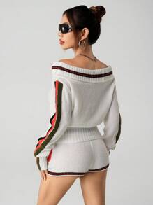 SHEIN ICON 1 Bộ trang phục thể thao thường ngày gồm áo len hở vai ôm sát và quần short siêu ngắn - Màu be - Xem 2