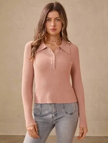 Wildy American Country Style Dusty Pink Autumn Casual Everyday Tight Fitted Polo Collar Half-Zip Slim Fit Pullover Sweater Ribbed Knit Top Button Down - Pink - View 8