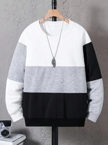 Vacaura 1 件青少年休闲拼色圆领长袖运动衫，时尚日常休闲和通勤穿着