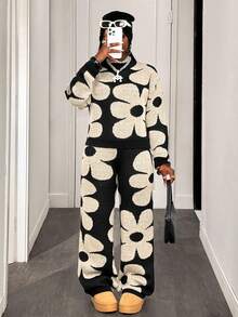 BamGleam 女士休闲花卉图案针织毛衣和裤子两件套，秋冬 - 杏色 - 查看 4