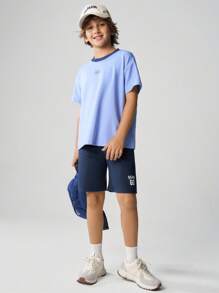 JNSQ Back To School Tween Boy Casual Street Style Graphic Print Hoodie T-Shirt, Loose Fit, Japanese Streetwear Inspired, Summer Leisure, Urban Youth Design - Blue - View 3