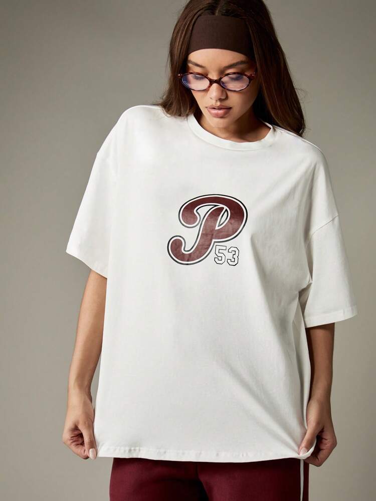 Missguided x Playboy Oversized White Graphic T-Shirt With Front Varsity P53 Logo And Back Bunny Design Retro Style Classic College Aesthetic Fall Winter