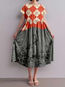 SHEIN LUNE 加大码花卉印花圆领口袋春季连衣裙，常规女士夏季休闲连衣裙 - 彩色 - 查看 5