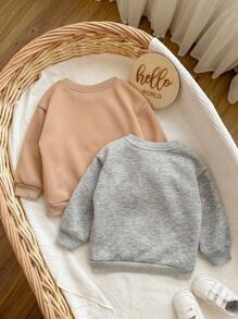 SHEIN 2 件套女婴休闲纯色针织长袖运动衫，保暖内衬，百搭，秋冬 - 卡其色 - 查看 3