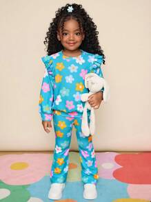 Set informal de sudadera y pantalones con volantes y estampado floral para niña - Multicolor - Ver 8