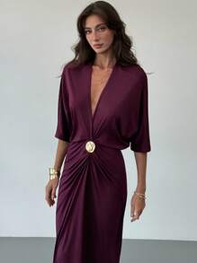 Aloruh 女式纯色重叠V领蝙蝠袖褶皱优雅连衣裙 - 紫色 - 查看 5