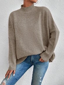 SHEIN Cottnline 女式立領蝙蝠袖毛衣 - 杏色 - 查看 3