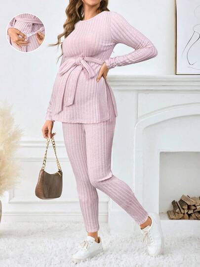 SHEIN Maternity Women's Solid Color Ribbed Knit Set Maternity Two Pieces Set 2 Pieces Lounge Set Two Pieces Maternity Set Maternity Loungewear Set Comfortable Two Pieces Set