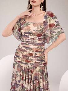 Modelyn Women's Floral Print Square Neck Ruffle Short Sleeve Dress - Apricot - View 4