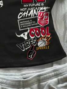 SHEIN 少女 R 黑色和红色篮球图案紧身短袖 T 恤，修身版型，运动，健身，小麦肤色，啦啦队，啦啦队队长，少女之选系列，日常基本款，快乐的少女，柔和的色彩，骑行风格，家庭旅行，快乐的日子，我爱妈妈，我爱爸爸，可爱的家，酷酷的少女，少女 - 彩色 - 查看 5