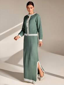 EURMUSE 蜂巢图案开衫和裙子套装（鼠尾草绿和奶油色） - 綠色 - 查看 4