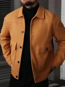 Manfinity CasualCool 男士纯色长袖单排扣工装口袋休闲大衣，复古风格，秋冬款 - 卡其色 - 查看 6