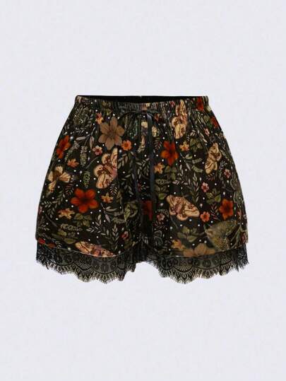 Fairycore Plus Size Women Lace Decor Velvet Elastic Waist Shorts, Can Be Inner Wear