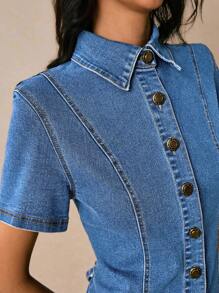 Poéselle 女式短袖单排扣休闲牛仔连衣裙 - 中等水洗藍 - 查看 3