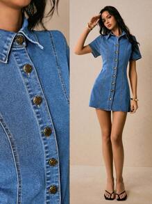 Poéselle 女式短袖单排扣休闲牛仔连衣裙 - 中等水洗藍 - 查看 8