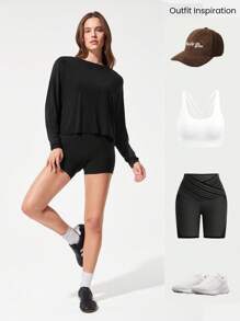 GLOWMODE 莫代尔超大长袖T恤，背部有锁孔，低冲击瑜伽日常休闲 - 黑色 - 查看 7