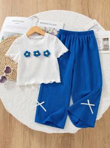 2pcs Young Girls Textured Fabric T-Shirt With 3D Floral Decor & Casual Pants Set, Suitable For Casual Wear At Home Or Outdoor Two Pieces Pants Set Kids Blue Kid Sets Crop Top Set For Kids Kids Summer Sets Girls Two Pieces Set - Blue - View 5