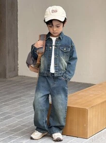 SHEIN 2pcs/Set Young Boy Fall/Winter Vintage Urban Street Cool Style Vintage Distressed Casual Basic Everyday Style Blue Denim Lapel Long Sleeve Loose Fit Jacket And Baggy Jeans Set,For Kids Fall/Winter Clothes,Boys Back-To-School Clothes,Boys Streetwear Outfits,Boys Homecoming Outfits,Boys Halloween Outfits,Toddler Boys Denim Two-Piece Set - Dark Wash - View 2