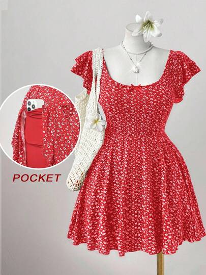 Sunspun 大码女式花卉印花蝴蝶结装饰双层袖松紧腰口袋复古优雅休闲连体裤，春夏