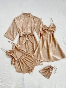 LuxeNights Bộ đồ ngủ satin jacquard 5 món dành cho nữ, bao gồm áo hai dây gợi cảm, quần short, áo choàng satin thanh lịch. Thích hợp mặc nhiều lần cho mọi mùa. Bộ đồ ngủ satin. Bộ đồ ngủ ngắn cho nữ. Bộ đồ lót. Bộ đồ ngủ phù dâu. Quần áo mùa thu. - màu nâu - Xem 6