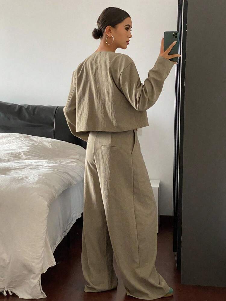 Women's Round Neck Cardigan Long Sleeve Short Jacket And Loose Straight Leg Pants 2 Pieces Set, Casual Lounge Sets For Women