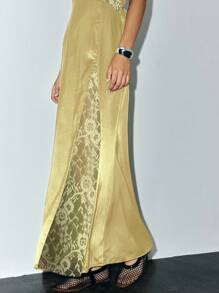 Lumivelle Vestido con tirantes finos, encaje y parches, con nudo en la espalda, vestido de verano para la universidad - Amarillo - Ver 4