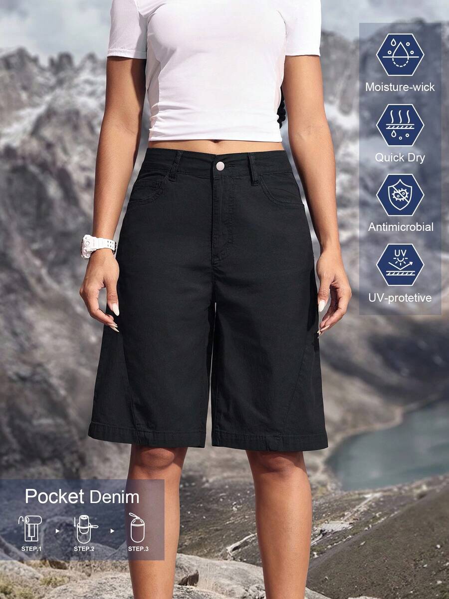 EMERY ROSE Quần short denim ống rộng có túi, dáng rộng, thường ngày, đa năng dành cho nữ - Màu xanh lam - Xem 1
