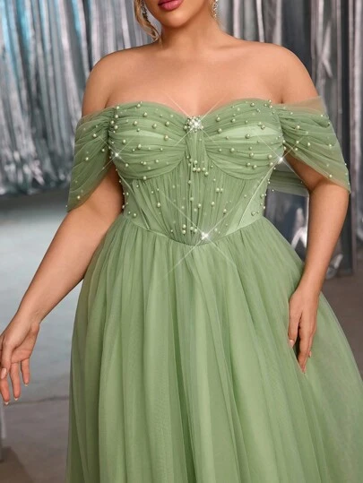 Glamrae 加大码优雅浪漫雪纺露肩喇叭袖奢华串珠设计鱼尾长裙和后系带，适合晚会、约会、舞会、毕业典礼、婚礼、正式礼服（重饰）