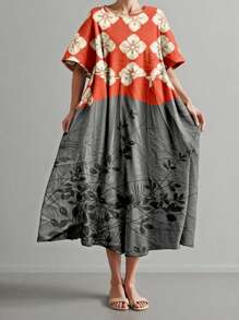 SHEIN LUNE 加大码花卉印花圆领口袋春季连衣裙，常规女士夏季休闲连衣裙 - 彩色 - 查看 3