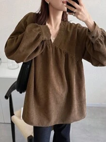 FRIFUL Women's Solid Color V-Neck Long Sleeve Pleated Loose Casual Shirt Brown Tops Brown Blouses Corduroy Tops Brown Corduroy Top V Neck Corduroy Top