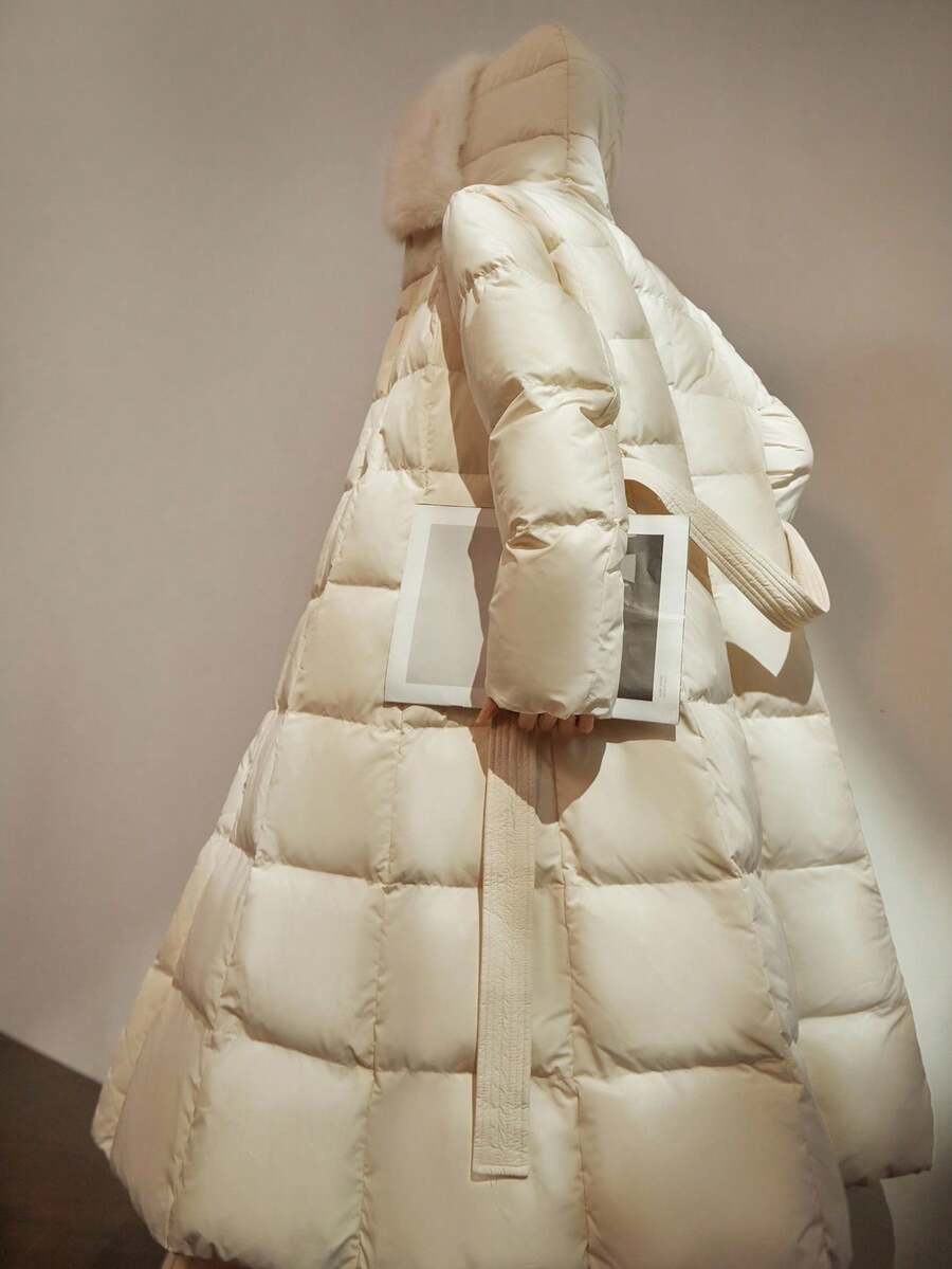 DAZY 女士优雅拼布毛领腰带厚垫长款大衣，秋冬 - 白色 - 查看 1