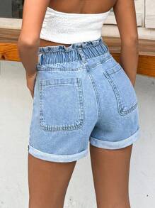 EURMUSE 100%Cotton Rigid, Elastic Band Detailed Shorts - Light Wash - View 2