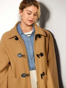 Momelise Áo khoác len dáng rộng cổ bẻ màu trơn, vai trễ dành cho nữ cỡ lớn - Màu Khaki - Xem 7