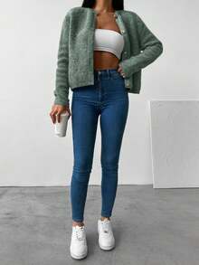 EURMUSE Button Front Drop Shoulder Cardigan - Green - View 4