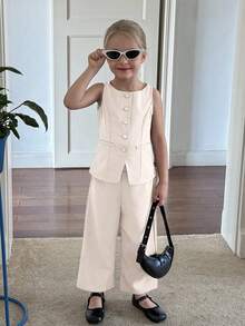 SHEIN 年轻女孩通勤休闲纯色梭织无袖圆领上衣和直筒裤套装，法式 - 杏色 - 查看 4