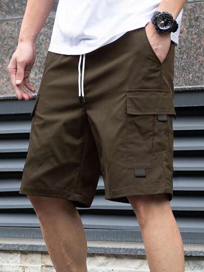 Manfinity Homme Pantalones cortos de carga de verano para hombres de unicolor con cordón en la cintura y bolsillos