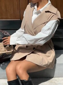 SHEIN EZwear Double-Breasted Lapel Sleeveless Trench Coat, Back To School,Fall - Khaki - View 4