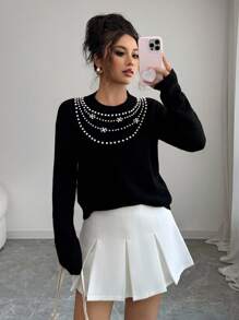 Selianne Women's Faux Pearl & Rhinestone Embellished Crew Neck Loose Fit Elegant Sweater Fall Winter Cloth For Women - Black - View 5