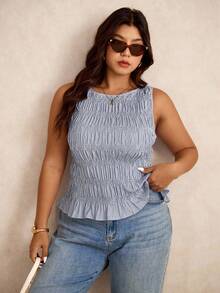 Elaquor Camiseta sin mangas con volantes y rayas para mujer de talla grande - Azul Marino - Ver 3