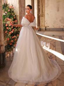 Glamrae Váy maxi chữ A dáng chữ A cỡ lớn, cổ chữ V, màu trắng tối giản, trang trí nơ trễ vai ấn tượng, đính đá Rhinestone, có dây buộc có thể điều chỉnh, thích hợp mặc đi biển, đám cưới trên bãi cỏ, nhà thờ, chụp ảnh, tốt nghiệp, váy cưới - trắng - Xem 3