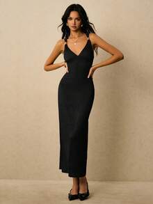 Poéselle Đầm không tay hở lưng thanh lịch màu trơn dành cho nữ - màu đen - Xem 5