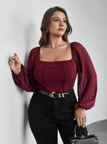 Firerie 加大方领灯笼袖上衣 - 酒紅色 - 查看 11