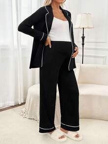 SHEIN 2件孕妇撞色长袖上衣和裤子套装 - 黑色 - 查看 4