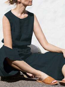 INAWLY 夏季實心斜口袋寬腿連身褲 - 黑色 - 查看 4